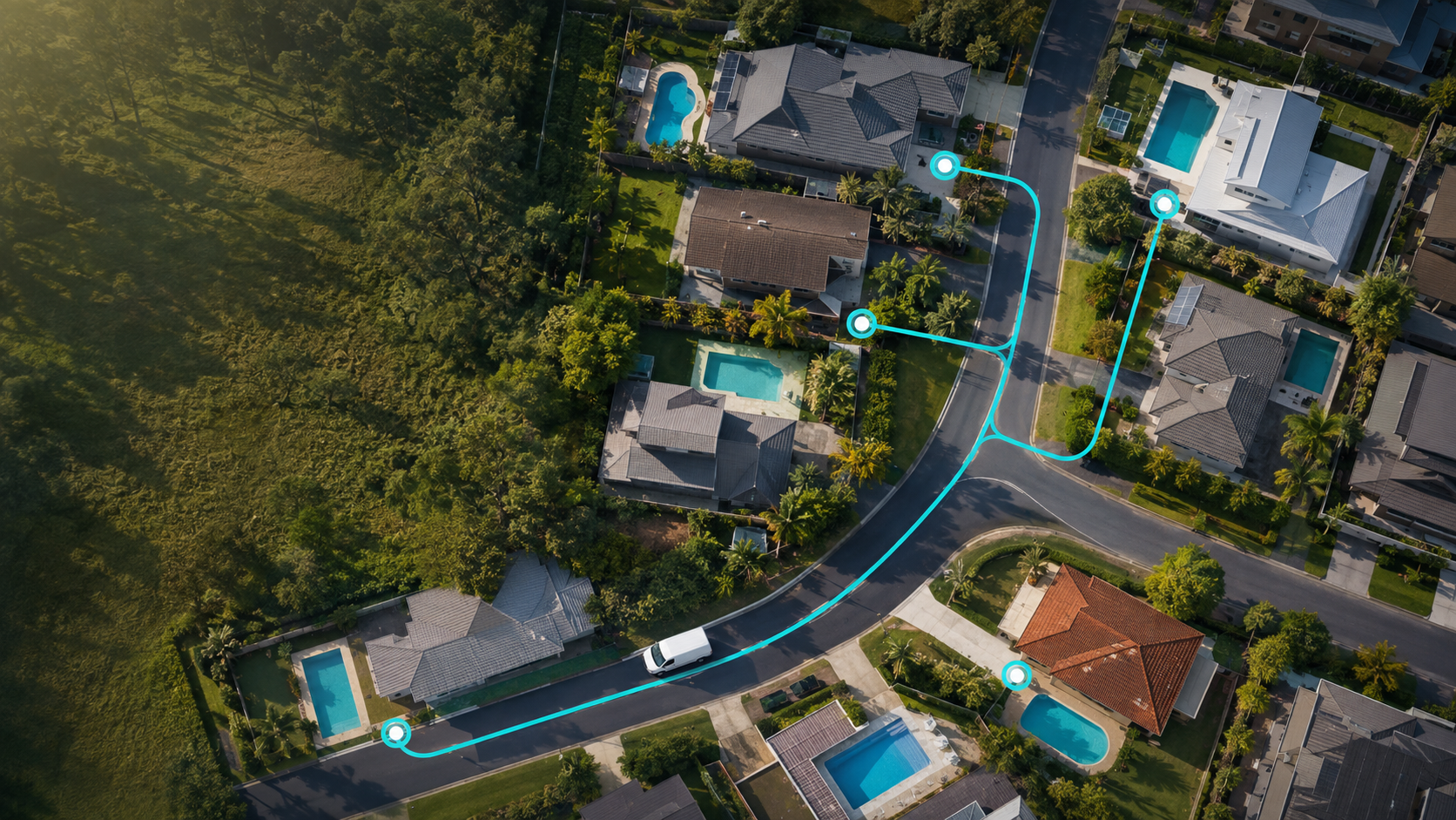 Efficient pool service route connecting nearby swimming pools in an Australian suburb